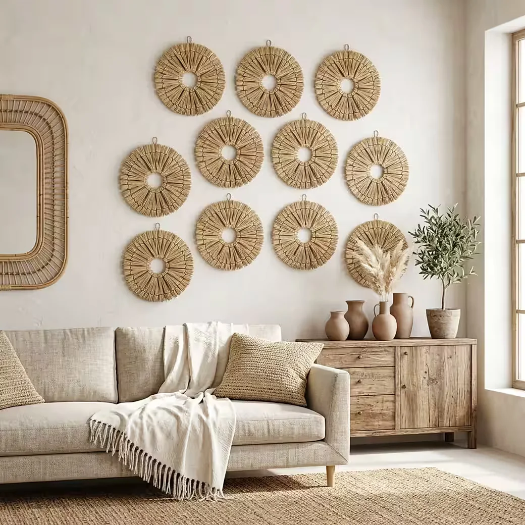 Wanddekoobjekt Wanddeko Boho Rattan rund, Natur Wanddekoration 22cm