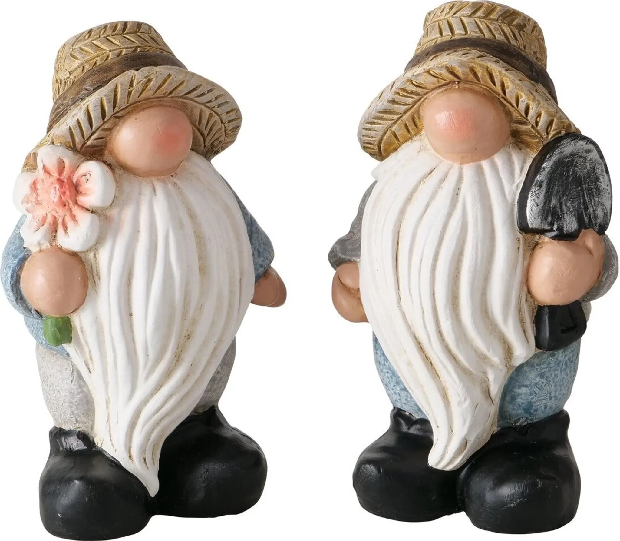 Gartenwichtel 2er Set – Sommerwichtel mit Spaten und Blumen, Höhe 15 cm