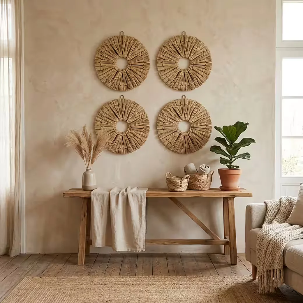 Wanddekoobjekt Wanddeko Boho Rattan rund, Natur Wanddekoration 22cm
