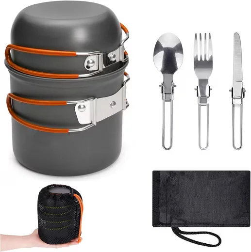 FELIXLEO Camping Kochset Alutopf für 2 Personen Faltbesteck Orange
