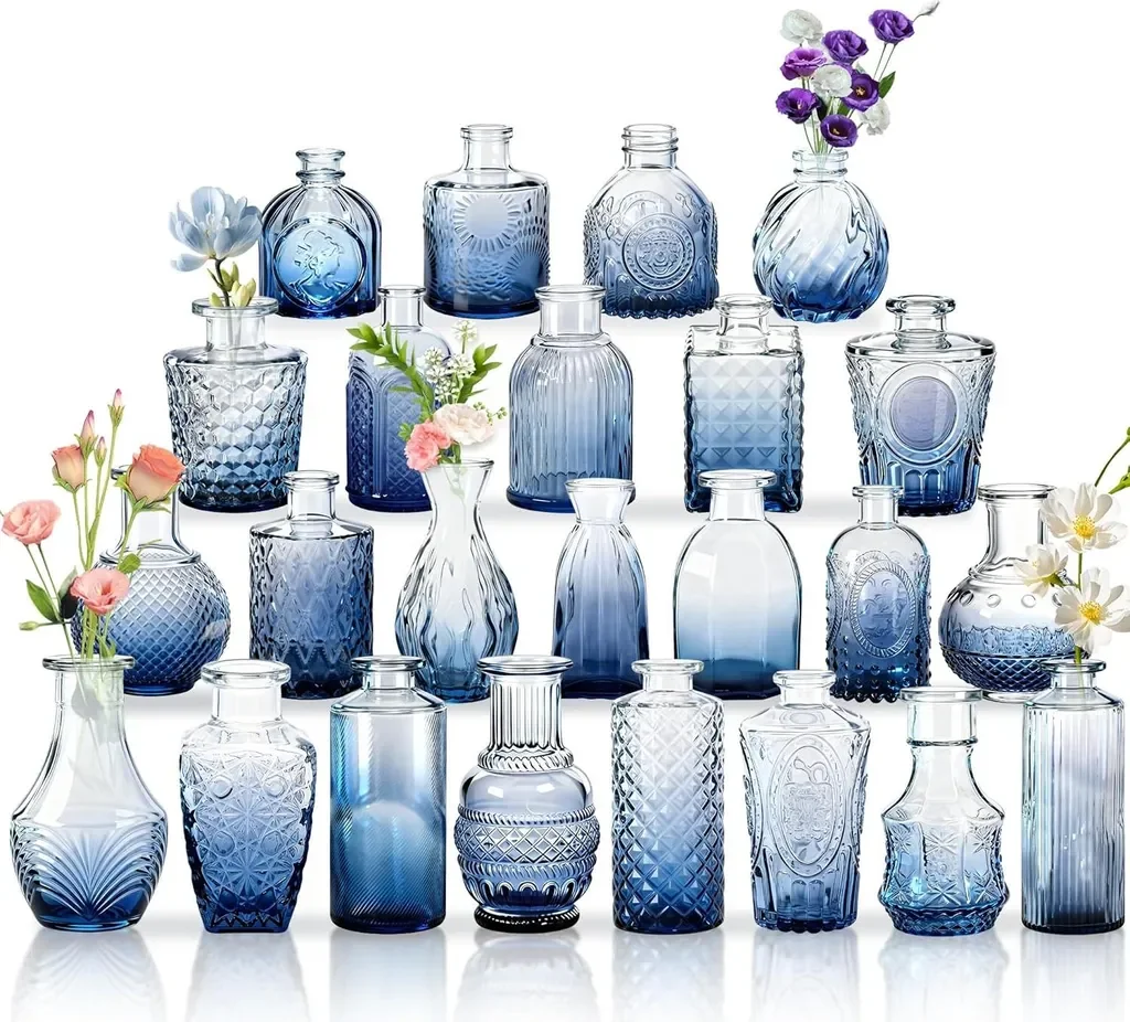 JOIEYOU 24er Set Mini Glasvasen Vintage Blau Hochzeit Tischdeko