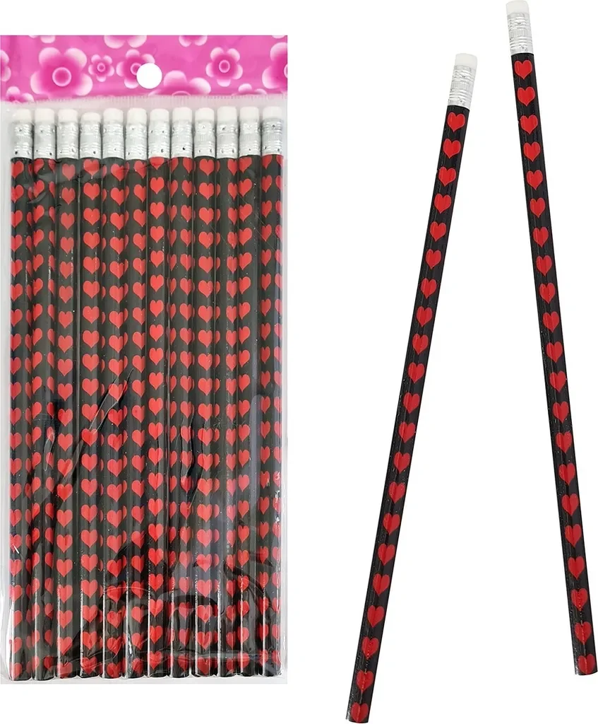 12er Set Bleistifte mit Radiergummi Herzmotiv 19 cm