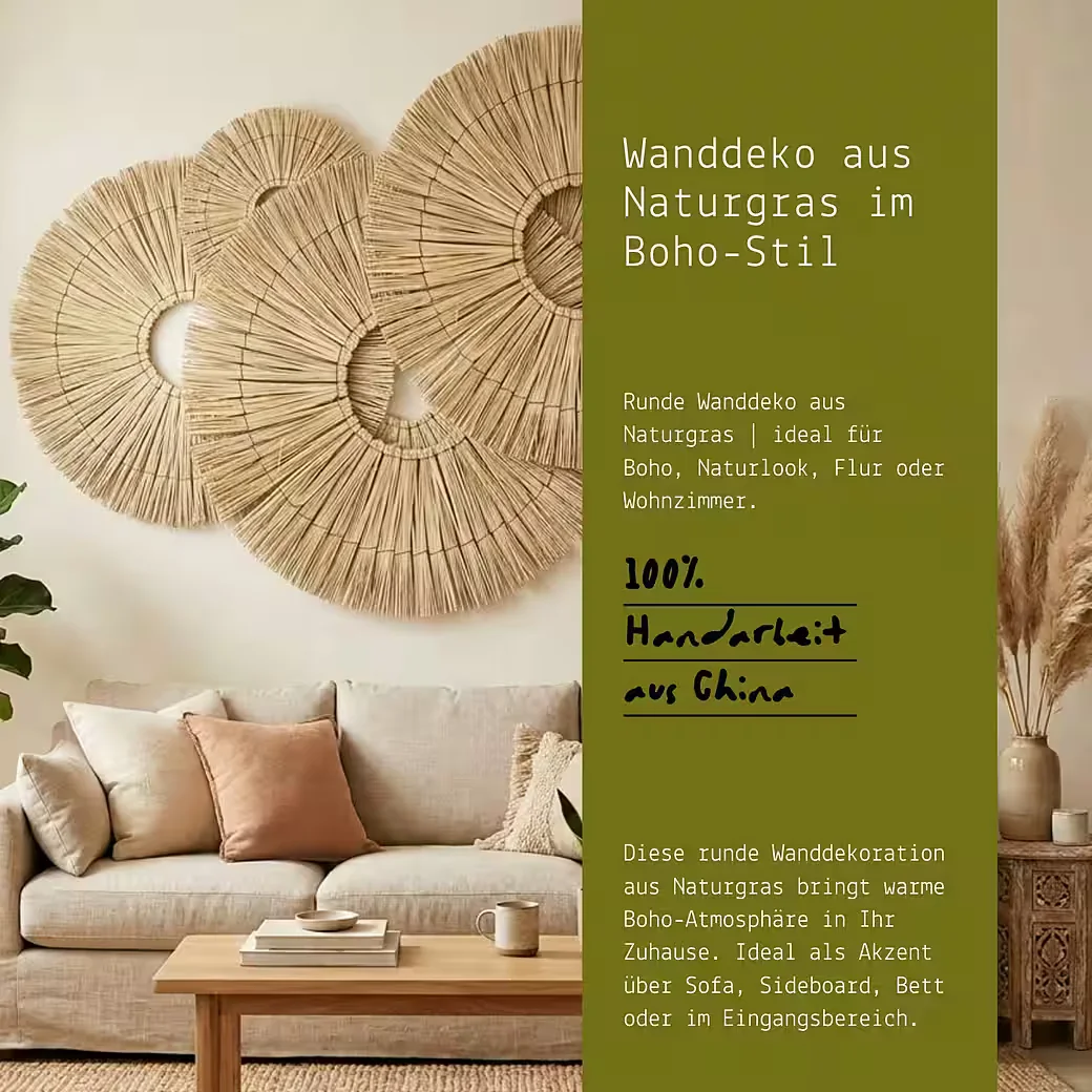 Wanddekoobjekt Wanddeko Boho Rattan rund, Natur Wanddekoration 22cm