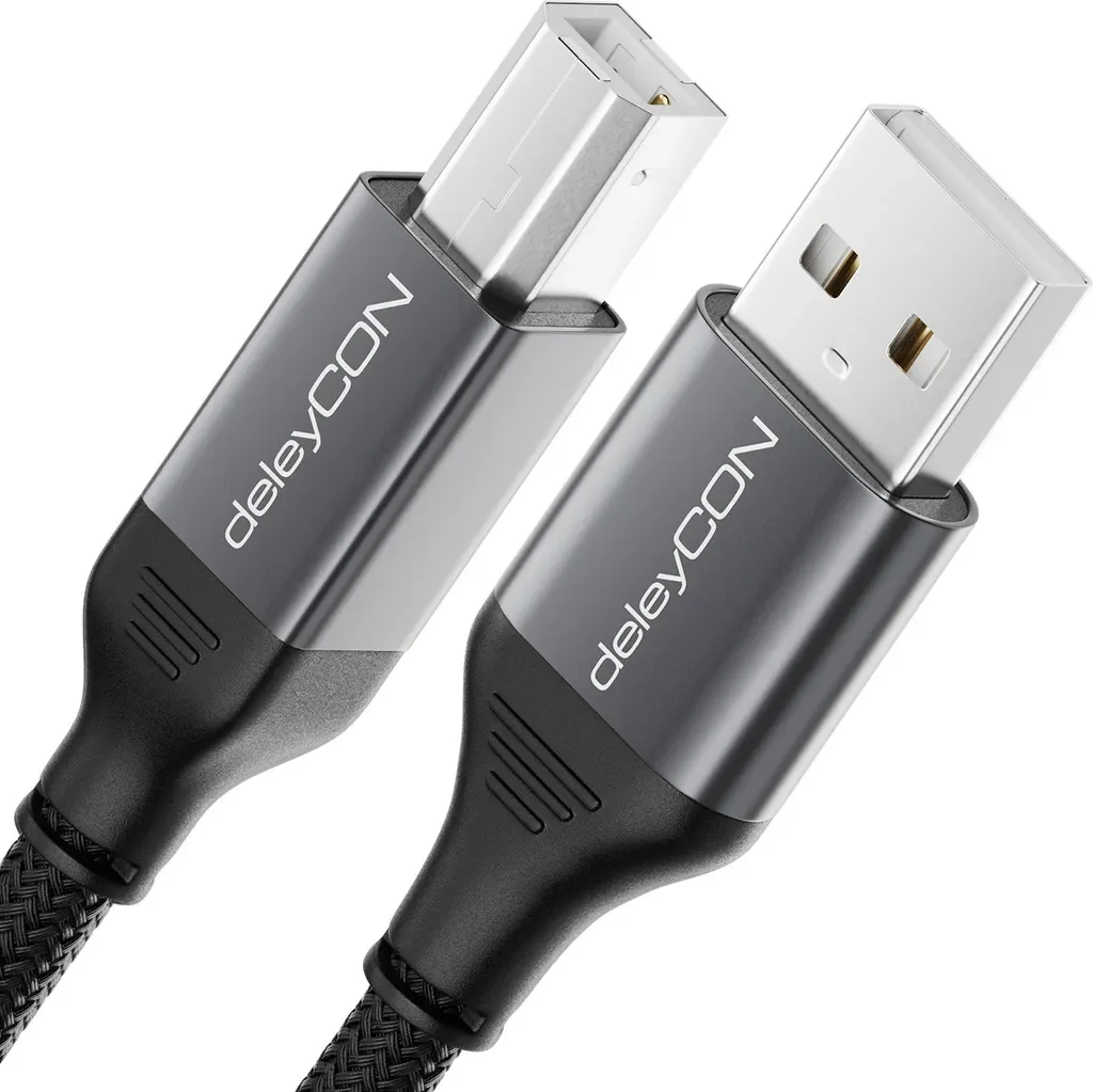 deleyCON USB Druckerkabel 2m USB-A auf USB-B geflochten Metallstecker