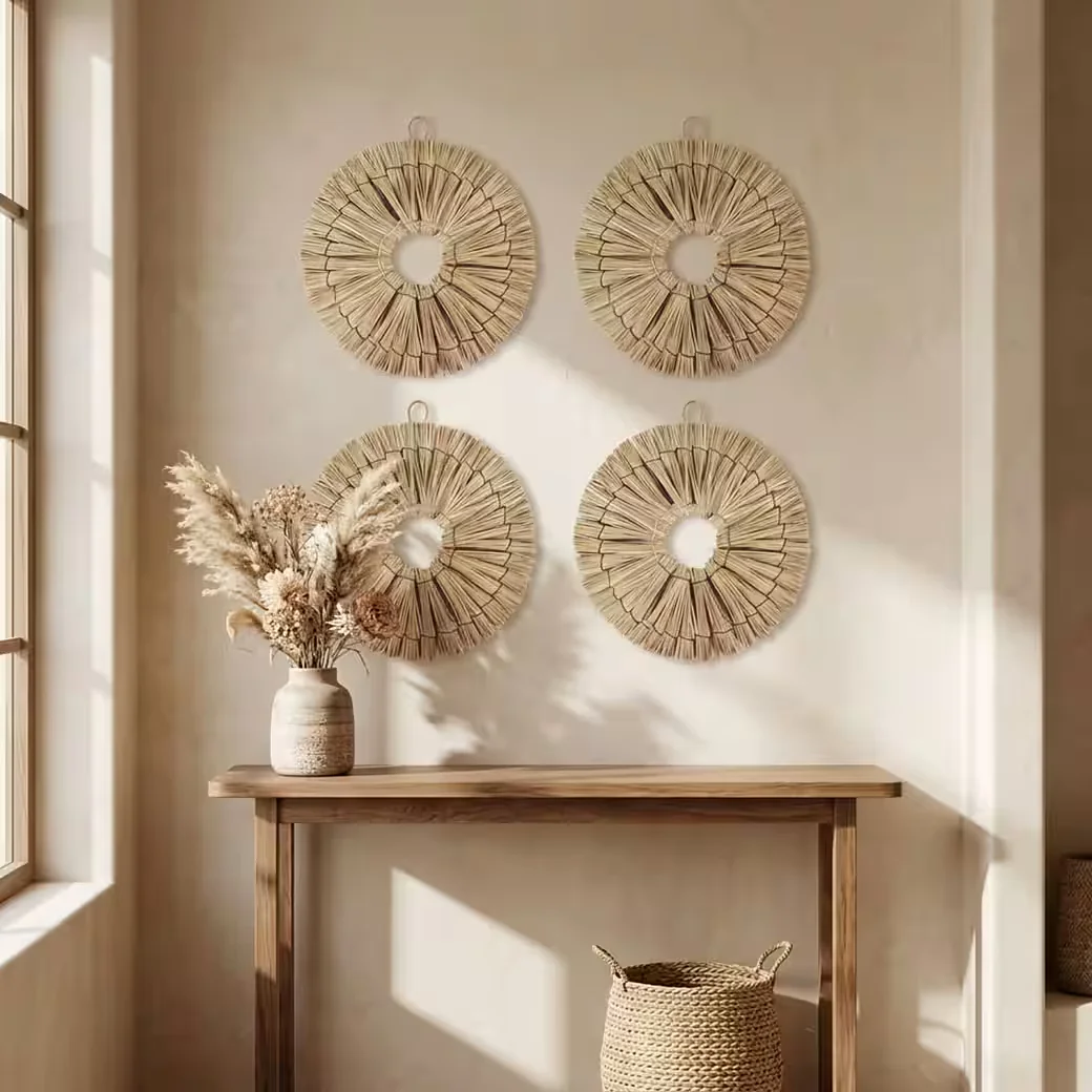 Wanddekoobjekt Wanddeko Boho Rattan rund, Natur Wanddekoration 22cm