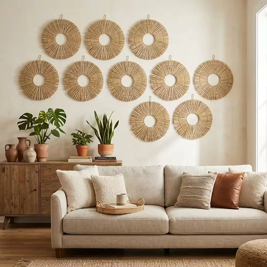 Wanddekoobjekt Wanddeko Boho Rattan rund, Natur Wanddekoration 22cm